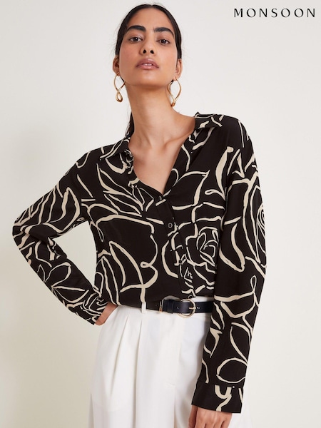 Monsoon Black Mary Illustrated Floral Print Shirt (AC6895) | €36