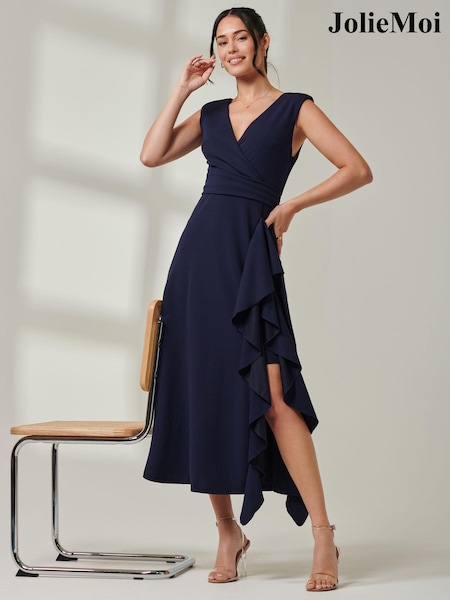Jolie Moi Blue Wrap Front Frill Detail Maxi Dress (AC6915) | €121