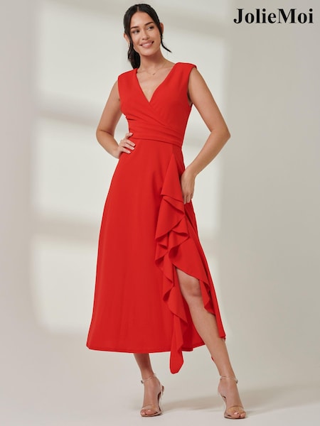 Jolie Moi Red Wrap Front Frill Detail Maxi Dress (AC6930) | €105