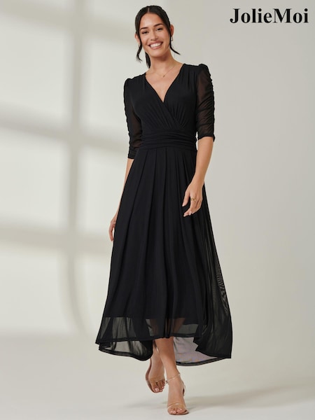 Jolie Moi Black Aneissa Ruched Sleeve Mesh Maxi Dress (AC6933) | $182