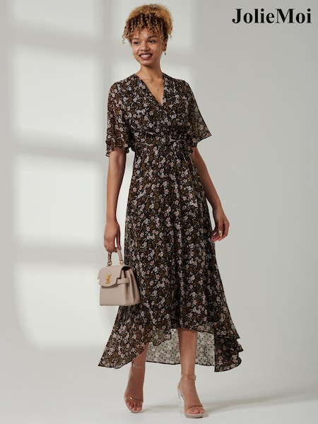 Jolie Moi Black Floral Front Tie Midi Dress (AC6938) | €34