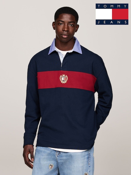 Tommy Jeans Blue 100% Cotton Colourblock Crest Rugby Polo Shirt (AC7020) | €63