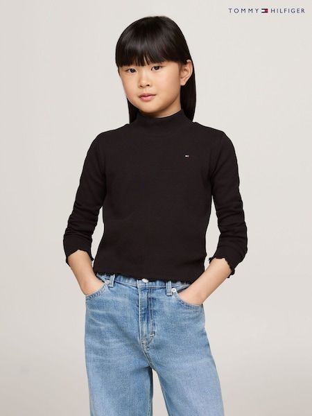 Tommy Hilfiger Black Mock Neck Rib Long Sleeved Top (AC7096) | AED64