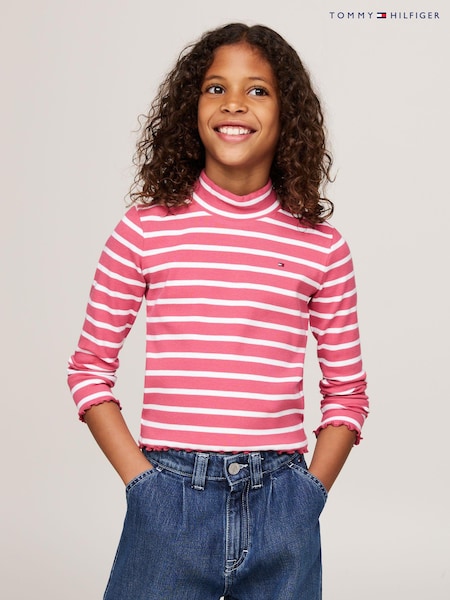 Roz - Tommy Hilfiger Mock Neck Rib Mânecă lungă Top (AC7098) | 114 LEI