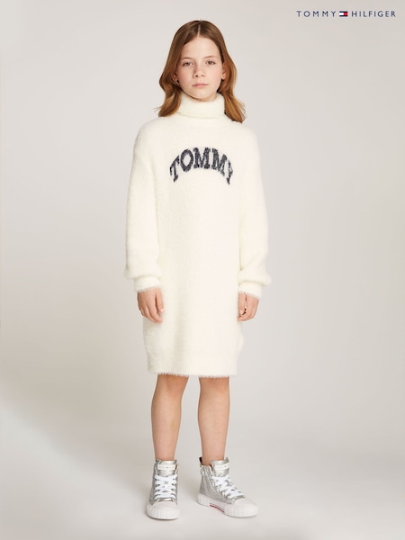 Tommy Hilfiger Cream Turtleneck Fluffy Long Sleeved Dress (AC7106) | AED189
