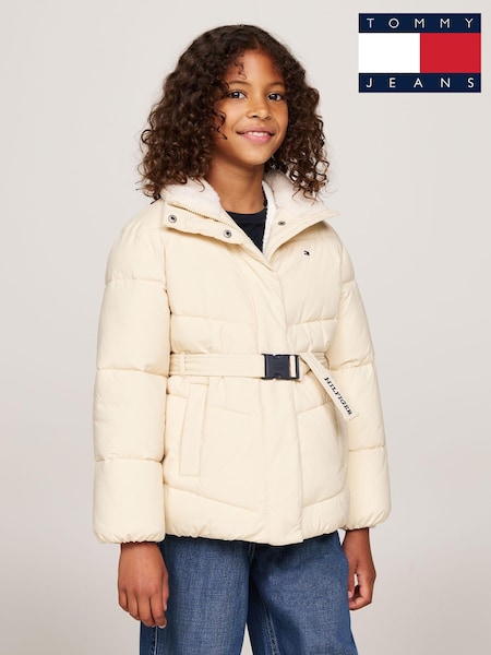 לבן - Tommy Hilfiger Teddy Collar Mid Length Puffer Jacket (AC7113) | ‏603‏₪
