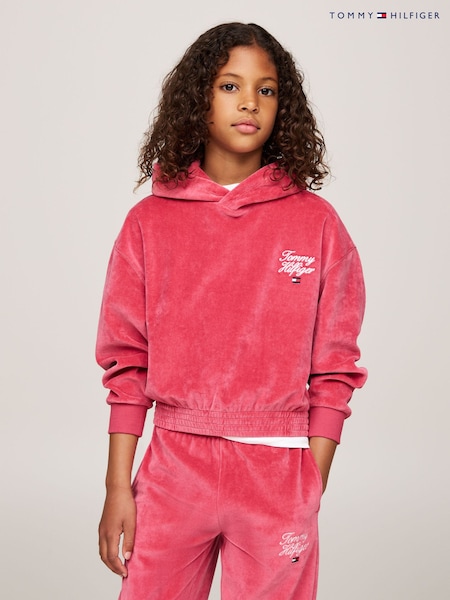 Tommy Hilfiger Pink Script Velour Hoodie (AC7119) | ‏251‏₪