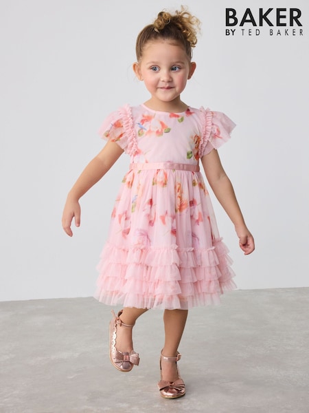 Baker by Ted Baker Pink Ruffle Hem Floral Print Mesh Dress (AC7122) | ₺1.532 - ₺ 1,750