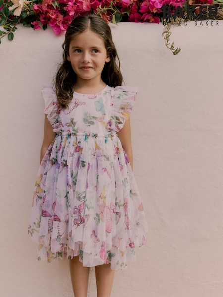 Baker by Ted Baker White Printed Mesh Tiered Foil Butterfly Embroidered Dress (AC7125) | kr543 - kr585