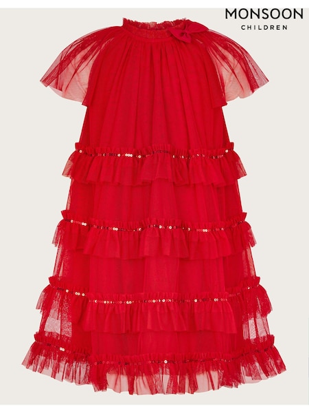 Monsoon Red Sequin Bow Ruffle Trapeze Dress (AC7194) | AED128 - AED145