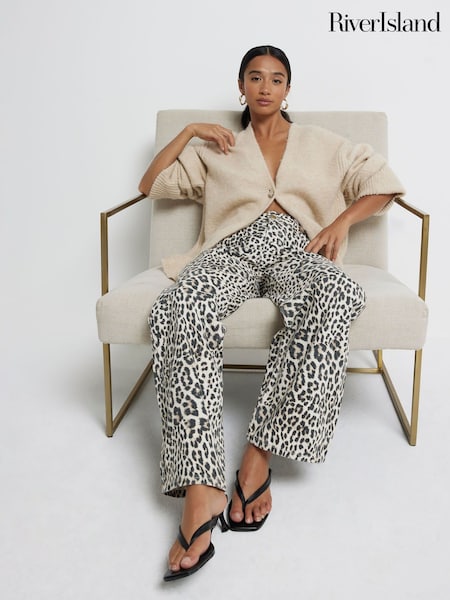 River Island Brown Petite Relaxed High Rise Straight Leopard Print 100% Cotton Jeans (AC7329) | 2,884 UAH