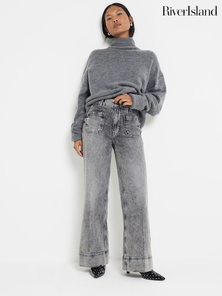River Island Grey Petite High Rise 100% Cotton Wide Leg Jeans (AC7334) | €66