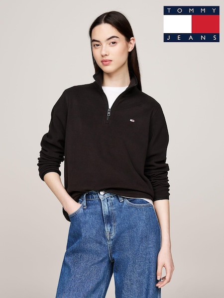 Tommy Jeans Regular Fit Flag Polar 1/4 Zip Black Sweatshirt (AC7341) | 292 LEI