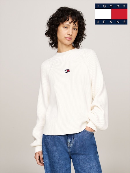 Tommy Jeans Badge Mock Nexk White Sweater (AC7353) | ‏427‏₪