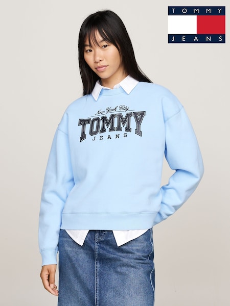 Tommy Jeans Blue Boxy Glitter Varsity Crew Neck Hoodie (AC7354) | ₪402