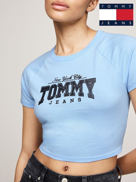 Tommy Jeans Blue Slim Fit Cropped Glitter Varsity 100% Cotton T-Shirt (AC7358) | $37