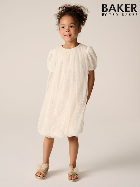 Baker by Ted Baker Cream Sequin Lace Mesh Bubble Hem Dress (AC7365) | 313 LEI - 350 LEI