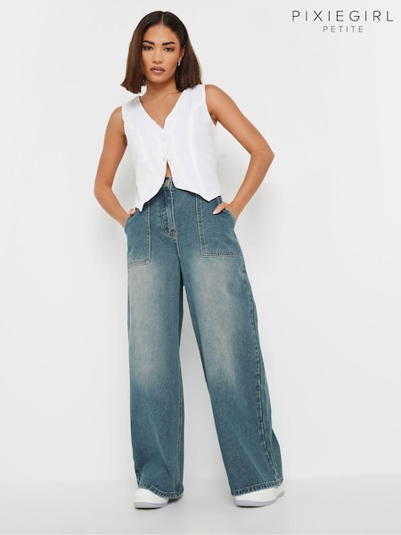 PixieGirl Petite Vintage Patch Pocket Wide Leg 100% Cotton Jeans (AC7453) | 290 LEI