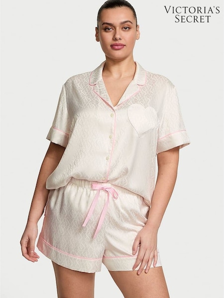 Victoria's Secret Coconut White Heart Pocket Satin Short Pyjama Set (AC7490) | €75