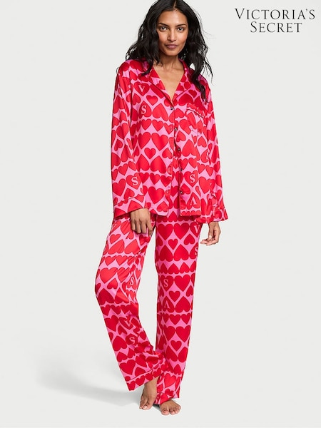 Victoria's Secret New Peony & Lipstick Pink Hearts Satin Long Pyjama Set (AC7502) | €79