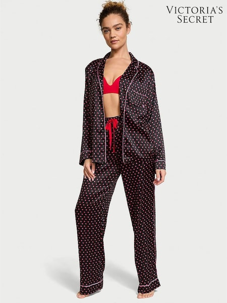 Victoria's Secret Black & Pink Two Tone Hearts Satin Long Pyjama Set (AC7505) | €79