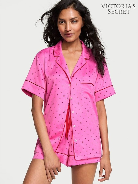Victoria's Secret New Peony Pink Logo Hearts Satin Short Pyjama Set (AC7517) | €75