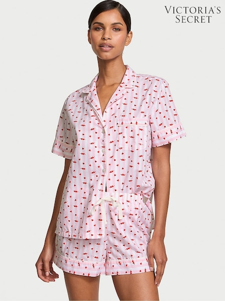 Victoria's Secret Coconut White & Pink Heart Stripes Cotton Short Pyjama Set (AC7564) | €52