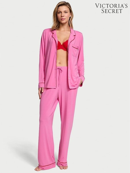 Victoria's Secret New Peony W Lipstick Piping Pink Modal Long Pyjama Set (AC7566) | €68