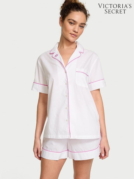 Victoria's Secret White / New Peony Pink Piping Cotton Short Pyjama Set (AC7570) | €52