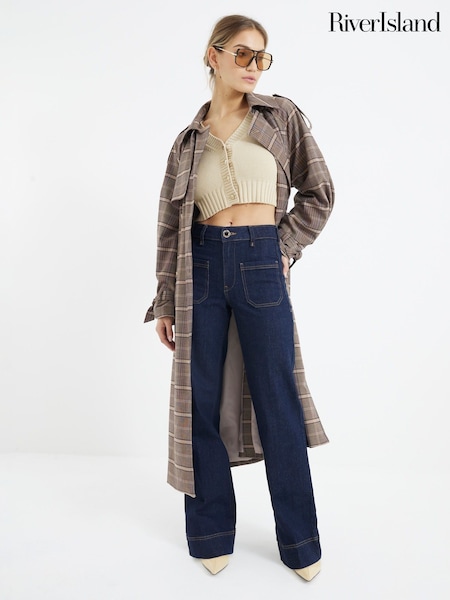 River Island Blue Navy High Waisted Pocket Front Wide Leg Jeans (AC7674) | €79
