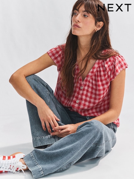 Pink/Red Gingham Button Down Ruffle Sleeve Top (AC7782) | €23