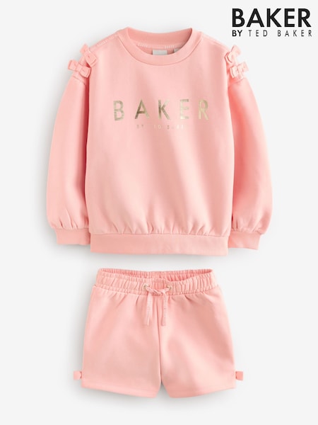 Baker by Ted Baker Peach Pink Bow Sweat 100% Cotton Top & Shorts Set 2 Piece (AC8129) | AED191 - AED233