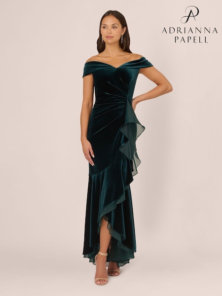 Adrianna Papell Green Velvet Off The Shoulder Gown (AC8260) | 1,854 LEI