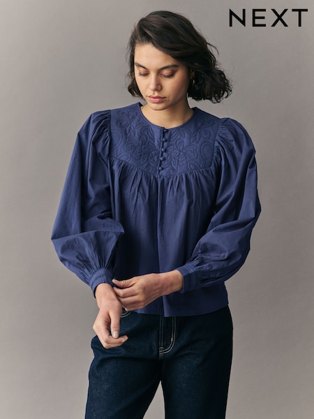 Navy Blue Quilted Long Sleeve 100% Cotton Blouse (AC8271) | €62