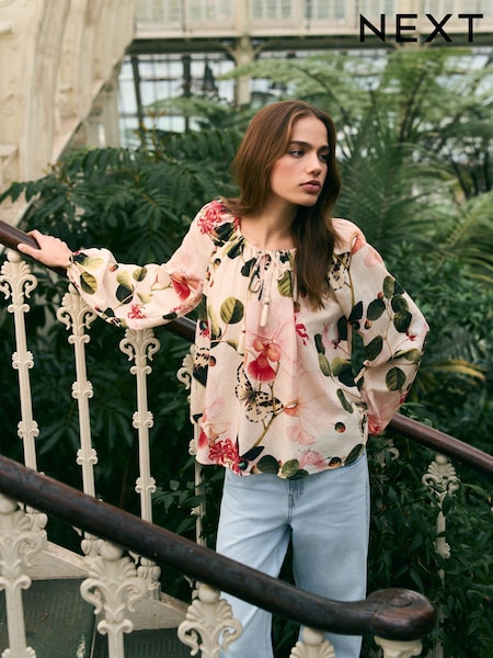 Kew Collection Ecru Floral Print Boat Neck Long Sleeve Top (AC8283) | AED147