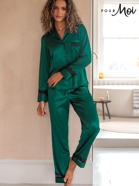 Pour Moi Green Dusk Satin and Lace Revere Collar Pyjama Set (AC8381) | €60