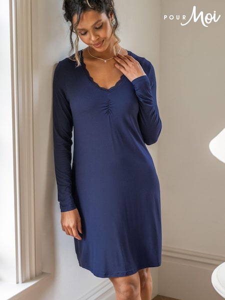 Pour Moi Blue Sofa Loves Lace Long Sleeve V-Neck Hidden Support Nightdress (AC8389) | R$ 365