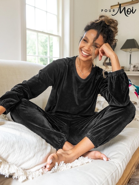 Pour Moi Black Ribbed Cosy Fleece Lounge Pyjama Set (AC8392) | AED227