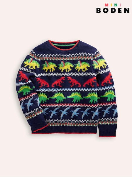 Boden Blue Dinosaur Novelty Fair Isle Pattern Jumper (AC8436) | AED107 - AED122