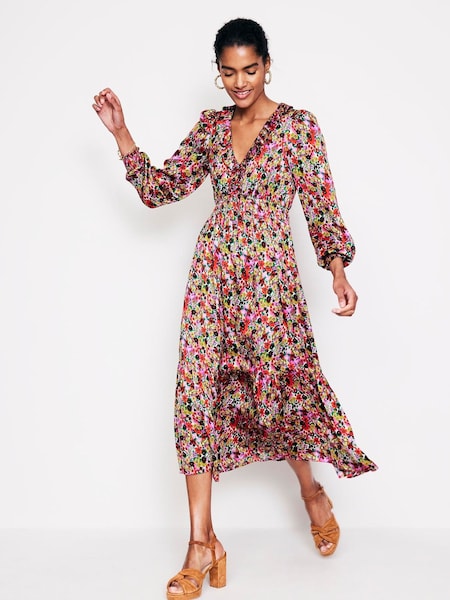 Boden Red Shirred Ruffle Midi Dress (AC8459) | €89