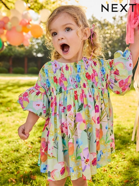 Green Floral Shirred Puff Sleeve Summer Dress (3mths-8yrs) (AC8469) | 89 QAR - 119 QAR