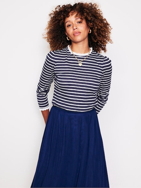 Boden Blue Broderie Trim Stripe 100% Cotton Top (AC8497) | AED171