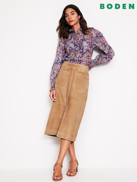 Boden Brown Aline Suede Midi Skirt (AC8523) | €199