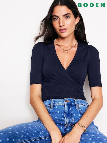 Boden Blue Dark Wrap Front Jersey Top (AC8527) | €32