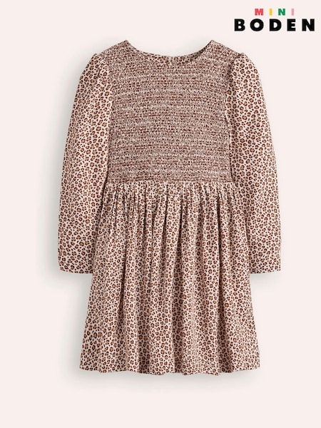 Boden Brown Leopard Print Shirred Bodice Woven Dress (AC8543) | AED102 - AED113