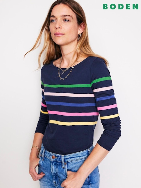 Boden Blue Ella Long Sleeve Breton 100% Cotton T-Shirt (AC8587) | AED93