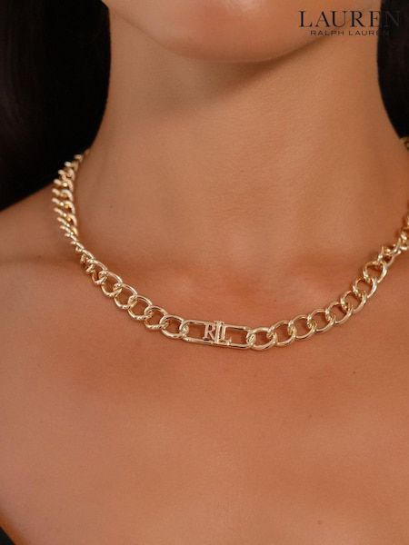 Lauren Ralph Lauren Gold Tone Chambray 16in Logo Collar Necklace (AC8628) | €56