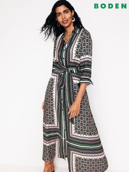 Boden Green Scarf Print Shirt Dress (AC8688) | 408 QAR