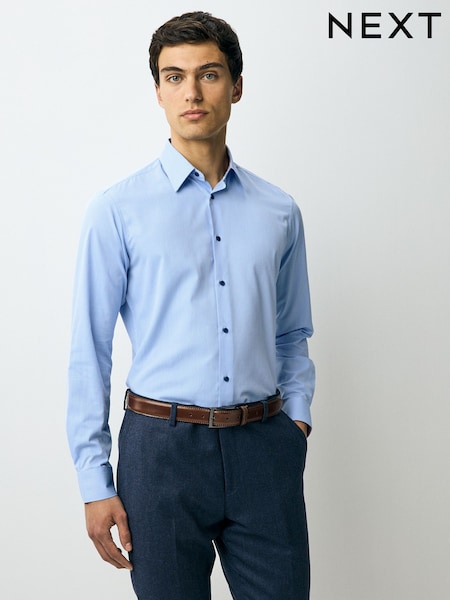 Blue Slim Fit Easy Care Textured Trimmed Shirt (AC8816) | 158 QAR