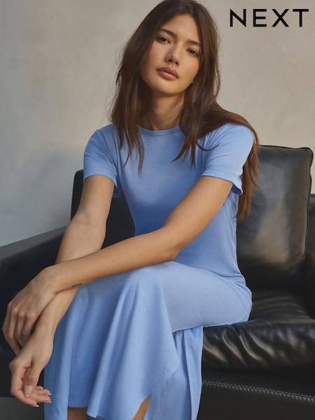 Sky Blue Ribbed T-Shirt Style Column Maxi Dress With Slit Detail (AC8841) | $24